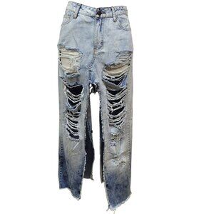 Fashion Nova Distressed Denim Maxi Skirt Acid Wash Ripped High Slit Grunge Y2K